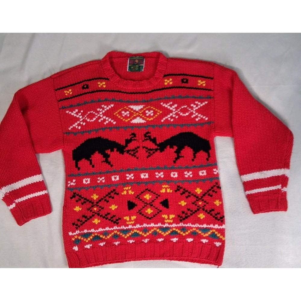 VTG Men's Club Chunky Hand Knit Red Aztec Fair Isle Wool Blend Sweater Medium - Picture 1 of 9